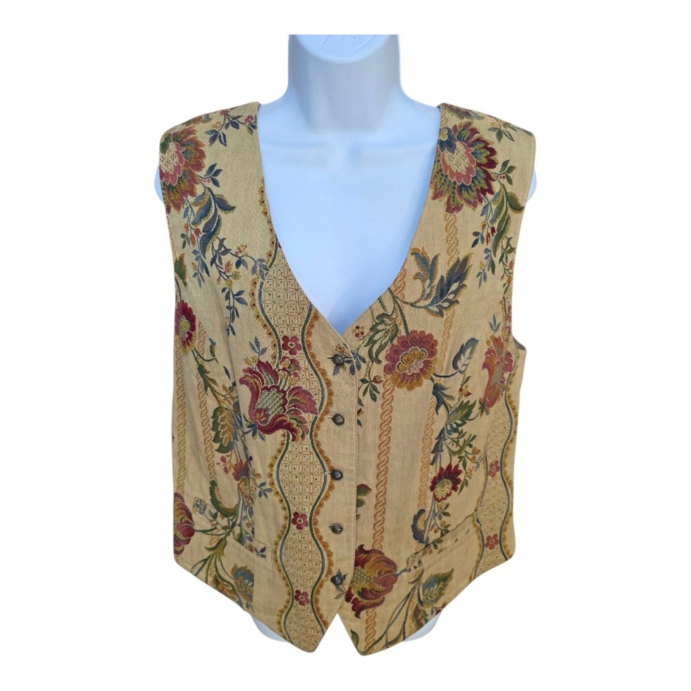 GAP Womens Floral Tapestry Vest Large Button Front V Neck Waist Tie Cottage Y2K
